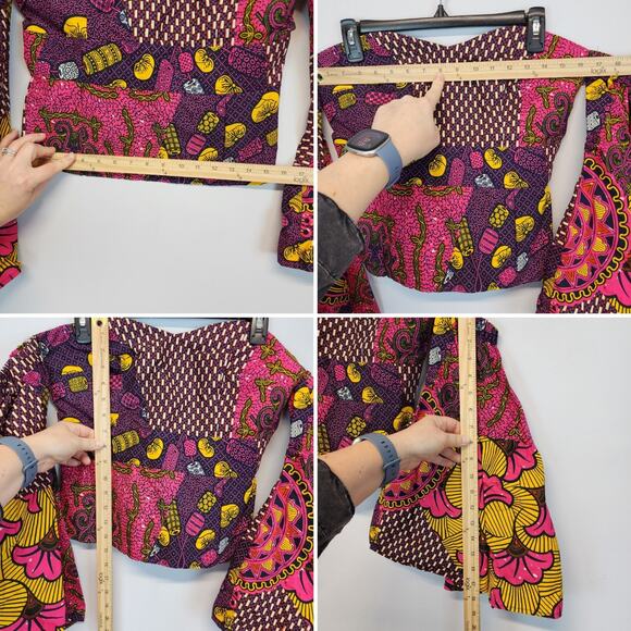 Womens African Ankara Top Size S Flare Sleeve Multicolor Handmade Psychedelic - Picture 13 of 13